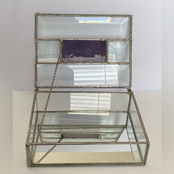 Vintage Jewelry Trinket Box Purple Stain Glass Clear Beveled Mirror Chain Hinged - Picture 7 of 12